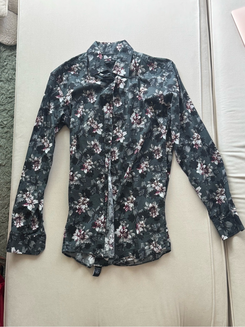 Men's Floral Dress Shirt - Dark Green with White & Maroon Flowers